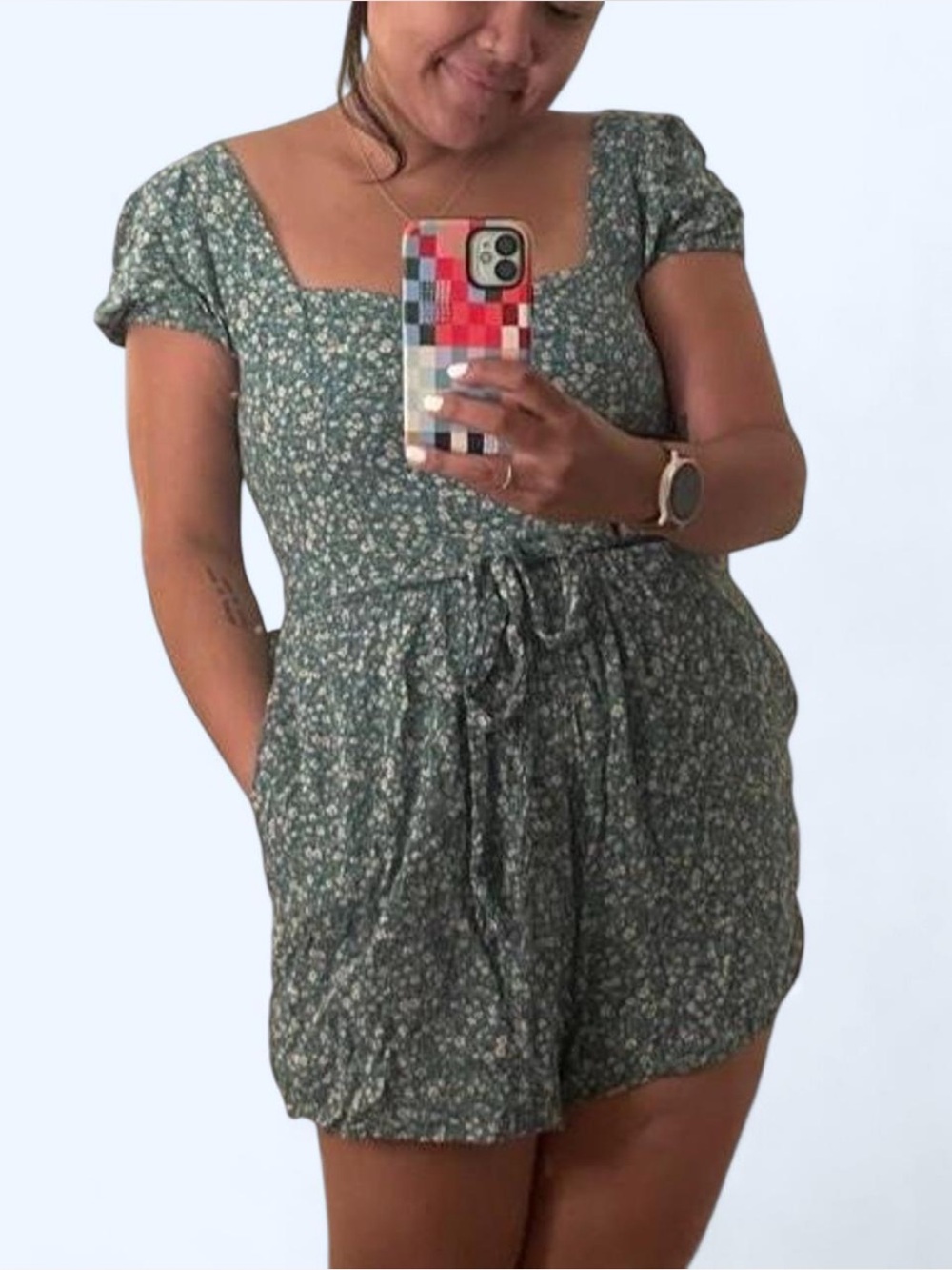 American Eagle Outfitters Green Floral Square-Neck Romper
